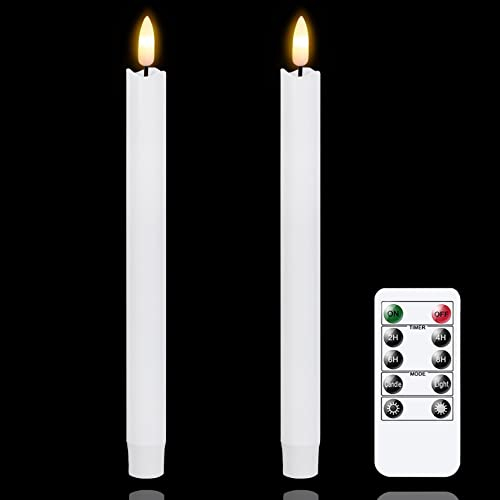 Mavandes LED Flameless Taper Candles with Remote Timer,White Battery Operated Flickering Window Candles, Pack of 2 Real Wax Warm Fire 3D-Wick Flameless Candlesticks,Home Wedding Decor(2cm x 25cm)