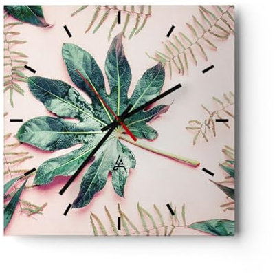 Modern Wanduhr Blatt Tropisch Palme 30x30cm Quadrat Klein Wand Uhr Glas Analog Zimmeruhren Küche Büro Wohnzimmer Glasuhr Wall Clock Dekoration Design Wanddekoration Küchenuhr C3AC30x30-4314