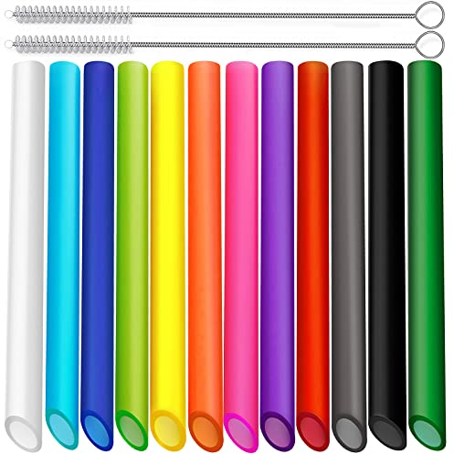 ALINK Lot de 12 pailles réutilisables, à bulles, avec 2 brosses de nettoyage, en plastique épais, colorées, conviennent à tous les types de smoothies, milkshakes (13 mm × 21,6 cm)