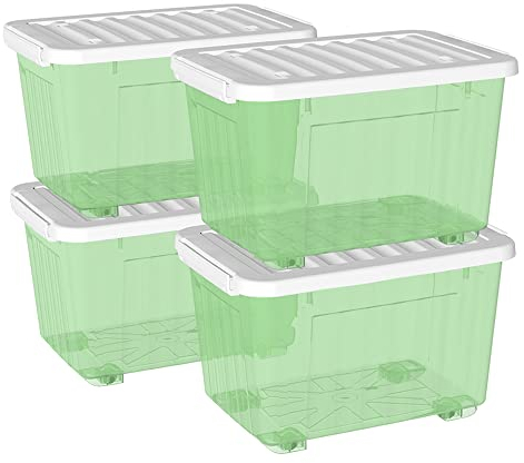 Cetomo 80L*4 Storage Boxes with Wheels, Plastic Storage Box with Lid, Latching Buckles, Click Closure, Stackable, Nesting, Durable Organizer for Home Office Clothes, Clear Green, 80L-4 Pack