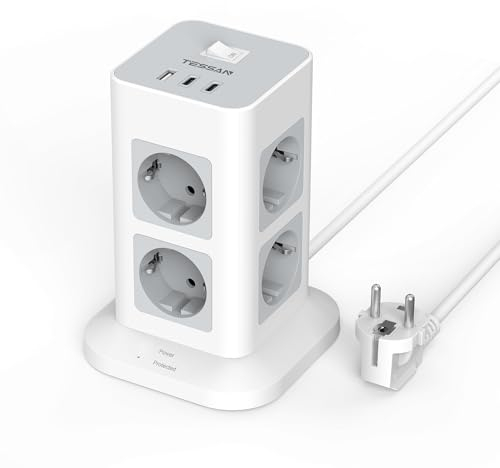 TESSAN 8 Fach Mehrfachsteckdose mit USB C, Steckdosenleiste Überspannungsschutz 1700J, 3 USB Mehrfachstecker, Mehrfachsteckdose mit Schalter, 2M Verlängerungskabel, 3600W Steckdosenturm