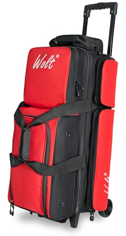 WOLT 3 Ball-Bowlingtaschen mit Rollen, Bowlingball-Tasche, 3 Ballrollen mit separatem Schuhfach und Zubehörtasche, einziehbarer Griff, ausziehbar auf 96,5 cm, Rot