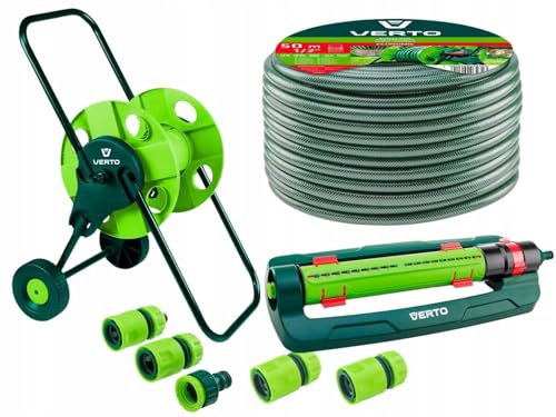 VERTO Schlauchwagen mit Garten Schlauch 1/2 Zoll 50 m + Oszillierender Sprinkler 15 x 19m + 3 x Schlauchverbinder, Wasserstop, Hahnverbinder - Gartenbewässerung Komplettes Starterset max 20 bar