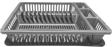 BH | Dish Drainer Rack with Drip Tray | Gray | Large Plastic Plate Cutlery Cup Holder |Kitchen Sink Utensil Organizer | Food-Grade BPA-Free - Pack of 1 - By BEST HOUSE
