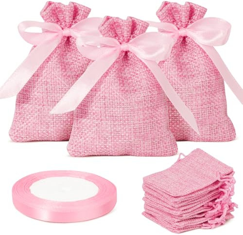 BOFUNX 24pcs Sacchetti Confetti Iuta Bomboniere Sacchetti Portaconfetti Battesimo con Nastro Raso per Matrimonio Battesimo Comunione Nascita Compleanno Festa