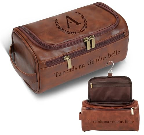 Easycosy Trousse de Toilette Homme Personnalisée -Cadeau Saint Valentin Homme- Sac Organisateuer de Toilette Trousse avec Crochet en Cuir PU pour Voyage Business Idée Cadeau Homme Original Papa Papy