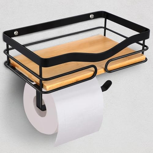 JOLY FANG Porte Papier Toilette Murale avec étagère en Bambou Naturel, Range Papier Toilette sans Percage, Rustique Porte Rouleau, Support Papier Toilette Adhesif pour Salle de Bain et Cuisine (Noir)