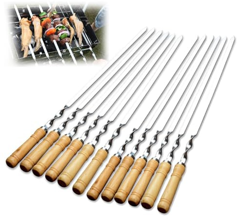 Spiedini per kebab, 6 spiedini piatti larghi in acciaio inox con manico in legno antiscottatura, Spiedini in Acciaio Inossidabile per Griglie Spiedini in acciaio per kebab spiedini di pollo lunghezza