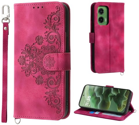 Auslbin Hülle für Motorola Moto G35 5G 6.72 Blumen Tasche, 5 Kartenfächer Handyhülle für Motorola Moto G35 Vintage-Stil PU-Leder Flip Schutzhülle, Rot