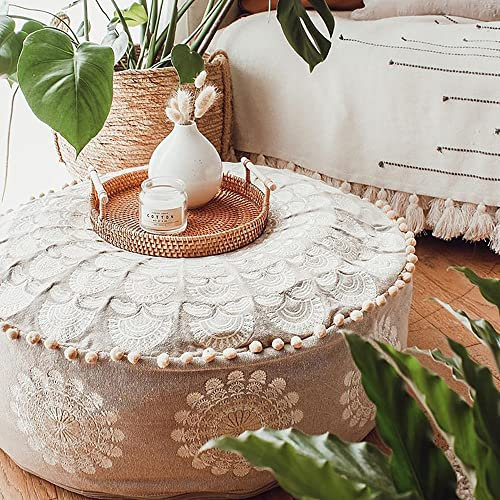 Mandala Life ART Rund Bodenkissen mit Füllung XXL Mit Ponpon Beige Groß Pouf Hocker Boho Sitzkissen Hoch Luxuriöser Hocker Mit Kunstvoller Raumdekoration Plüsch Hocker 100% Baumwolle 60X20Cm
