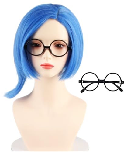 COSPLAZA Kurze gemischte blaue Perücke Kummer Traurigkeit Emotion Charakter Spielen Fasching Kostüm Zubehör Blaue Sadness Perücke + Glass Frame