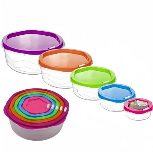 Mr.Gadget's Solutions 5-Piece Vibrant Multi-Coloured Hexagonal Food Storage Bowl Set – BPA-Free and Space -Saving, 5 Sizes For Organized Living Complete Food Storage Solution