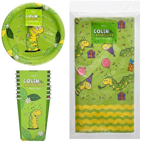 Colin The Caterpillar Party Set, Paper Plates, Cups and Tablecloth, Green Birthday Theme for 8X