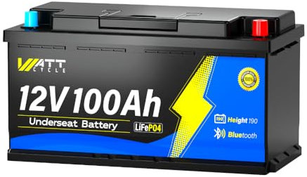 WattCycle 12V 100Ah H190 LiFePO4 Lithium Batterie mit Bluetooth Smart 100A BMS, Untertemperaturschutz, max. 15.000 Zyklen, 20,48 kWh, 188 mm Einbauhöhe unter dem Sitz für Wohnmobile