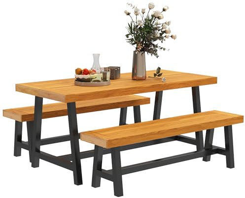 Outsunny Sitzgruppe 3-teilig Holz Essgruppe für 4 Personen im Lamellendesign Esstisch mit 2 Bänke Esszimmergruppe mit Holztisch Küchentisch-Set Balkonmöbel Gartenmöbel für Terrasse, Balkon Teak