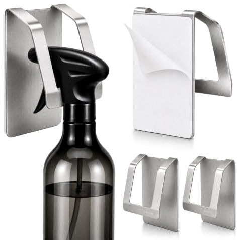 KIHOGEM Spray Bottle Hanger Adhesive 4Pack, Silver | Spray Bottle Hook Stainless Steel Spray Bottle Holder Wall Mount No Drill for Cabinet Kitchen Under Sink