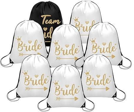 Turnbeutel Set für Damen, 7x Schwarze Bride Beutel + 1x Weißer Team Braut Beutel, Kordelzug Rucksack 34 * 42cm für Junggesellinnenabschied & Brautparty, aus Wasserdichtem Polyester