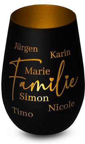 Windlicht „Familie“ personalisiert mit Namen - Glas mit Gravur - Geschenk für Mama & Oma zum Muttertag, Weihnachten, Geburtstag, Deko für Wohnzimmer - Schwarz, innen Gold