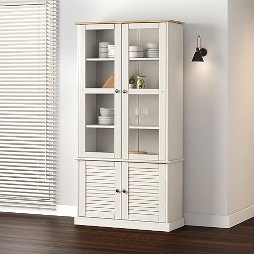 Yisssmeng Vigo Vigo Vigo Vitrine en pin massif Blanc 85 x 35 x 170 cm avec portes en verre Bibliothèque pour salon, couloir, chambre à coucher