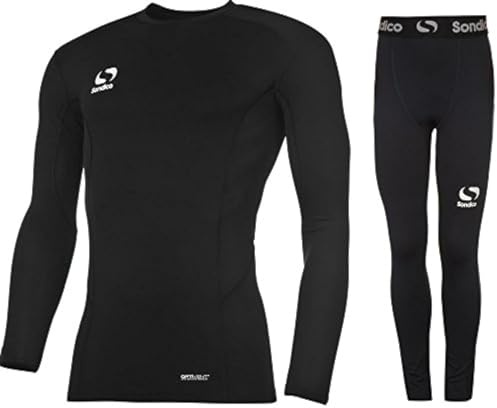 Sondico Boys Base Layer Tights & Top Set Junior Football Core Baselayer (Black L/S with Pant