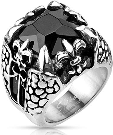 UrbanBijoux Bague Homme Acier Pierre Noir Onyx Fleur DE LYS GRIFFRE Dragon Gothique - 72