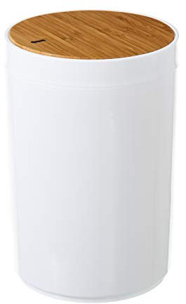 LOLAhome Papelera de baño con tapa basculante de 5L - Cubo de basura con tapa basculante de bambú para baño, aseo y oficina de 18 cm de diámetro y 28 cm de alto (Blanco liso)