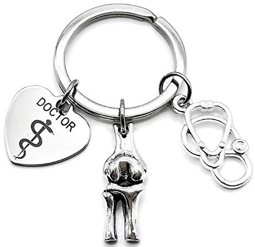 Kit's Kiss Schlüsselanhänger für Ärzte, orthopädische Chirurgen, Spezialisten, Stethoskop, Knie, Knochen, Wirbelsäule, Skelett, menschlicher Knochen, Arzt, Geschenk, silber, Diameter of Ring : 1.2