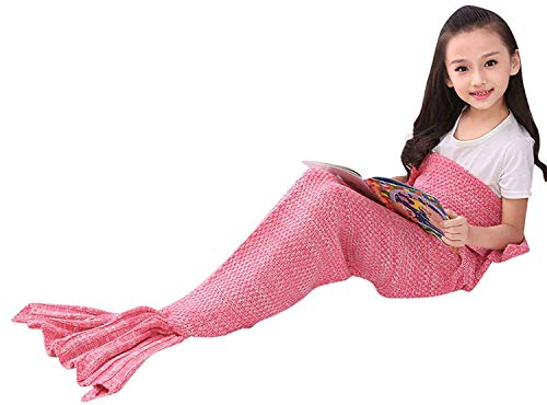Lazeny Meerjungfrau Decke Kinder Kuscheldecke Strickdecke Häkeln Handbuch Decke Wolldecke Tagesdecke Klimaanlage Decke Meerjungfrau Schwanz Blanket Schlafsack für Mädchen Geschenk,140x70cm-Rosa