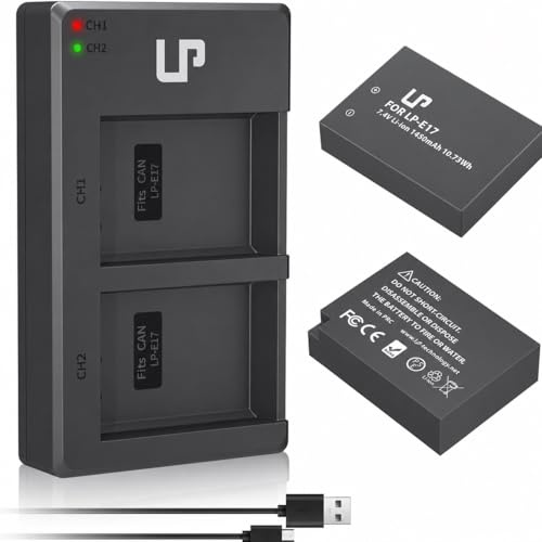 LP LP-E17 Akku 1450mAh 2er Pack mit Dual Ladegerät für Canon | Kompatibel mit Canon EOS R8 R10 R50 RP T6i T7i T8i 77D 200D 750D 760D 800D M3 M5 M6 Mark II, 2x LP-E17 Akku