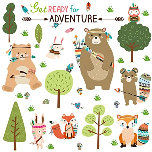 WandSticker4U®- XL Wandtattoo Kinderzimmer INDIANER SET I Wandbilder: 162x83cm I Wandsticker Kinder Wald-tiere Baum Grün Fuchs Bär Eule Hase Feder I Wand Deko für Babyzimmer Mädchen Junge