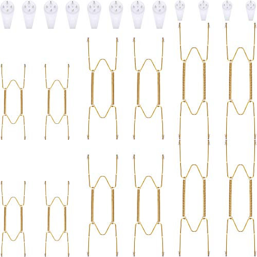 12 Pieces Invisible Plate Hangers Wall Plate Hangers Stainless Steel Decorative Wire Plate Hangers Holders in 3 Sizes with 12 Pieces Wall Hooks for Decorative Plates and Art (Gold,8/12/14 Inch)