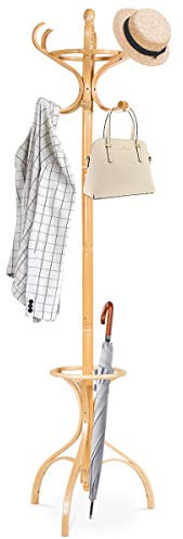 GOPLUS Porte-Manteau sur 3 Pieds avec Support Parapluie, 2 Niveaux et 12 Crochets, 3 Coulours, Support Manteau Perroquet en Bois Courbe, Hauteur de 182CM, pour Entrée, Salon et Bureau (Châtain clair)