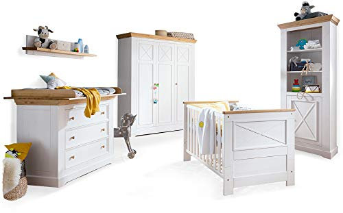 moebel-eins Carly Komplett-Babyzimmer, Material Massivholz, Kiefer Weiss/eichefarbig