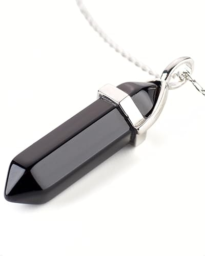 LAVISA Obelisk Halskette - Luxuriöse Edelsteinkette, Anhänger, Halskette, intensive Farben, Rosenquarz, Amethyst, Kette (Obsidian) - 55 + 5 cm