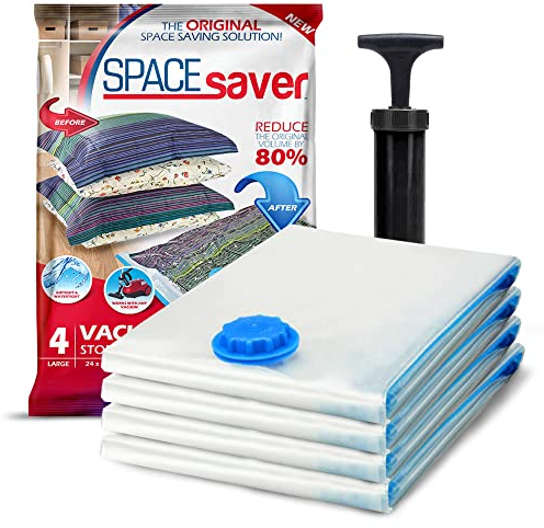 SpaceSaver Vacuum Storage Bags - Clothes Storage Bag Vacuum Pack - Space Saver Vacuum Storage Bags for Clothes Storage, Vacuum Bags for Bedding - Vacuum Bags for Clothes - with Pump (LARGE 4-Pack)