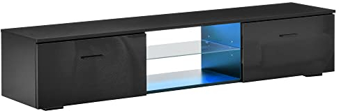 HOMCOM TV Stand Cabinet with High Gloss Front Door, LED RGB Lights and Remote Control for TVs up to 55, Media TV Console Table with Storage Cupboard, Black