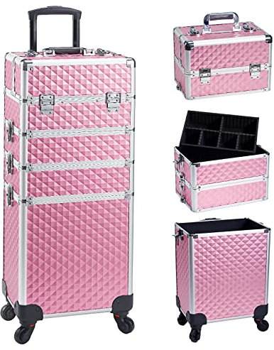 Adazzo 4 in 1 Rolling Makeup Trolley Train Case Cosmetic Suitcase Nail Tech Box for Makeup Artist, Hairstylists, Nail Tech Students Barber Case with Keys Swivel Wheels Traveling Trunk, Pink