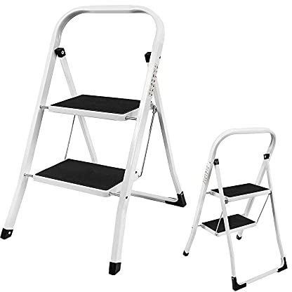 2 Step Ladder, Portable Folding Heavy Duty Ladder, Steel Step Ladder Stool, Non-Slip Steps, 150kg Capacity,Easy to Store,Ideal for Home/Kitchen/Garage/Office/Market/Garden