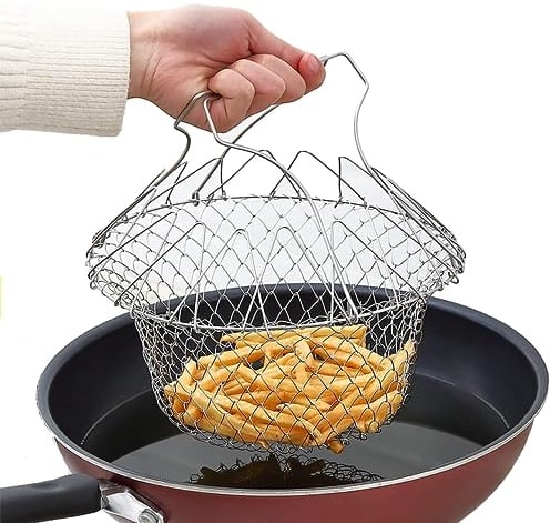 XFLYP Panier À Frire, Panier de Chef en Acier Inoxydable, Panier À Friteuse Ronde avec Poignée pour Frites Pommes de Terre Friteuse Friture Alimentaire Cuisine Outil de Cuisson