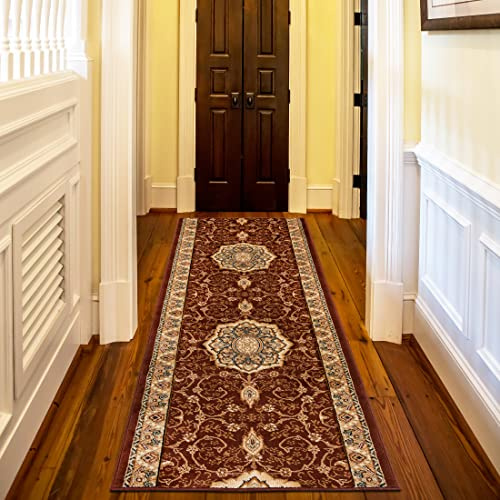 Mazovia Teppich Läufer Flur - Orientalisch Teppichläufer - Kurzflor Flurläufer für Vorzimmer, Schlafzimmer, Küche - ÖKO-TEX Zertifiziert - Meterware Braun - 90 x 400 cm