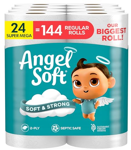 Angel Soft Carta igienica, 24 rotoli Super Mega = 144 rotoli normali, carta igienica morbida e resistente