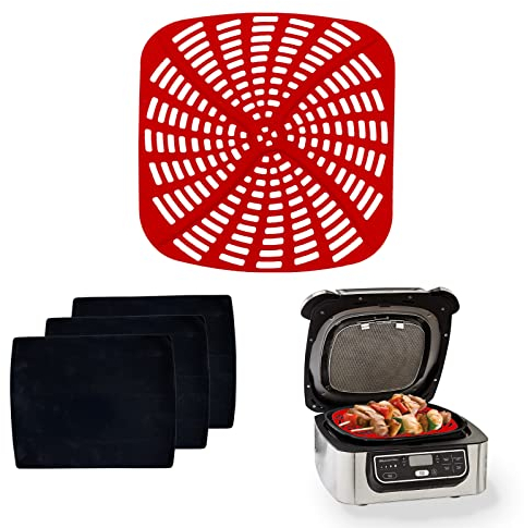 KINLYBO Reusable Silicone Air Fryer Liners and 3PCS Heat Resistant Grill Mats Set Compatible with Ninja Foodi 5-in-1 AG301 Grill, Non-Stick Air Fryer Replacement Accessories for Ninja AG301