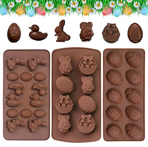 3 moldes de silicona de Pascua, moldes de chocolate, moldes de silicona para caramelos, huevo de pato, forma de conejo de silicona, bandeja para cubitos de hielo