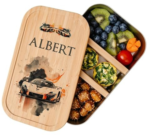 Manufaktur Liebevoll - Personalisierte Brotdose mit Fächern, Edelstahl Lunchbox mit Bambus Deckel u. Trenner, Nachhaltige Brotbüchse | Mädchen, Jungen | (Motiv Rennauto, Weißblech | Größe S)