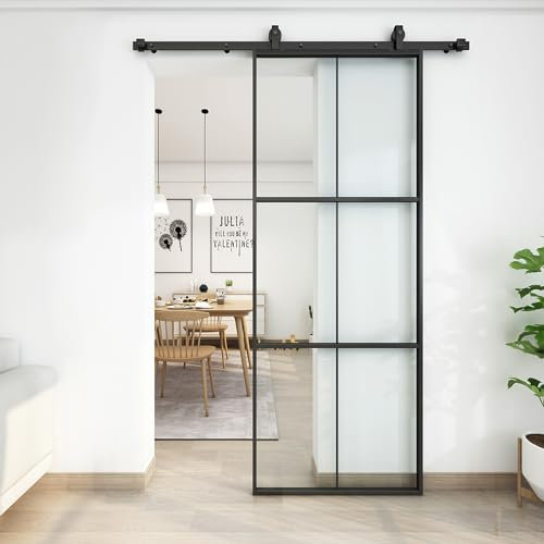 JUBEST Porte coulissante en verre de 76,2 x 213,4 cm, cadre en aluminium noir à 3 panneaux et porte française moderne en verre trempé transparent, facile à installer (pas de kit de matériel