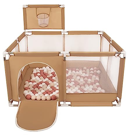 Selonis Laufstall Mit Korb Und 100 Bälle Laufgitter Für Kinder, Beige:Pastellbeige/Lachsfarben/Weiß