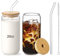 KKGUD Can-Shaped High Borosilicate Glasses with Wooden Lid and Reusable Glass Straws, 20oz Glass Cups, Set of 2