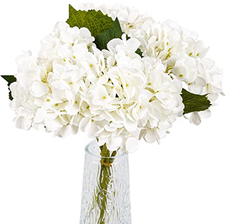 VaryFloral 4 Piezas Hortensias Artificiales Flores Artificiales Decoracion Blanco Ramo de Flores Seda Imitación Hortensias Florales Boda Decoracion Cocina Hogar Hotel Oficina Arreglos Florales