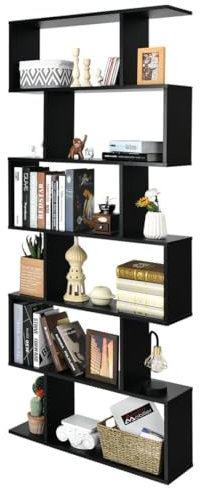 SFAREST 5/6 Tier Bookcase, Wooden S-Shaped Bookshelf, Freestanding Shelving Display Storage Organizer Unit for Living Room Study Room Office (Black, 80 x 23 x 192cm)