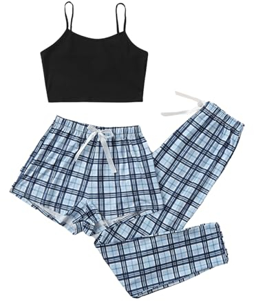 GORGLITTER Damen 3er Set Cami Schlafanzug Plaid Pajamas Set Nachtwäsche Schlafhose Kariert Schlafanzüge Hausanzug Schwarz und Blau S